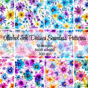 May include: A collection of 12 seamless patterns featuring watercolor-style daisies in various colors, including blue, purple, yellow, and pink. The patterns are displayed in a grid, with the text "Alcohol Ink Daisies Seamless Patterns" and design specifications.