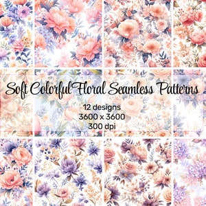 以下が含まれることがあります： パステルカラーの柔らかな12種類のシームレスな花柄。パターンには、ピンク、ピーチ、ラベンダー、ブルーの花が白い背景に描かれています。パターンは3600 x 3600ピクセル、300dpiです。