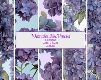 Watercolor Blue and Purple Lilacs Seamless Patterns, Floral Digital Paper Pack - Digital Downloads for Print and Design