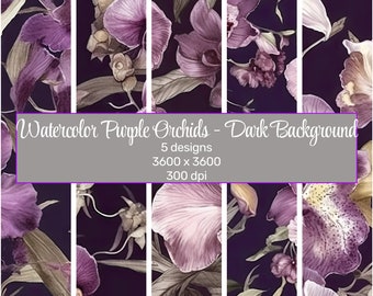Colorful and Unique Watercolor Purple Orchids Seamless Patterns, Digital Paper Pack for Print and Design | Instant Download
