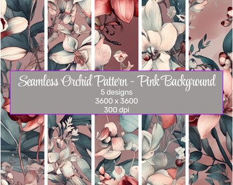 Beautiful Orchids Seamless Patterns, Digital Paper Pack for Print and Design| Pink Background |  Colorful and Unique  | Instant Download
