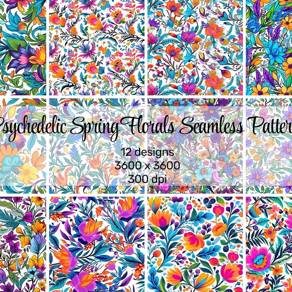 Psychedelic Spring Florals Repeating Seamless Patterns - Vibrant Digital Paper Pack for Print and Design