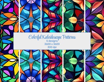 Kaléidoscope coloré Seamless Patterns - Vibrant Creative Bursts - Téléchargements numériques pour l'impression et la conception, Beauté symétrique