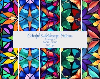 Colorful Kaleidoscope Seamless Patterns - Vibrant Creative Bursts - Digital Downloads for Print & Design, Symmetrical Beauty
