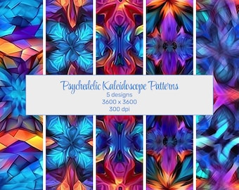 Psychedelic Kaleidoscope Seamless Patterns - Vibrant Versatile Graphics - Digital Downloads for Print & Design, Mind-Bending Visuals