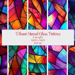 Bold and Vibrant Stained Glass Seamless Patterns Creative Color Bursts Digital Downloads for Print and Design, Colorful Background image 1