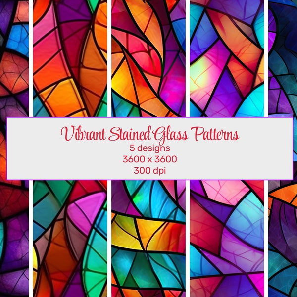 Bold and Vibrant Stained Glass Seamless Patterns - Creative Color Bursts - Digital Downloads for Print and Design, Colorful Background