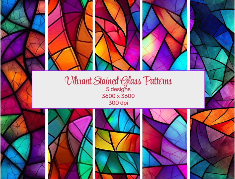 Bold and Vibrant Stained Glass Seamless Patterns Creative Color Bursts Digital Downloads for Print and Design, Colorful Background image 1