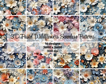 Pastel Wildflowers 3D Seamless Repeating Patterns - High-resolution Digital Paper Pack