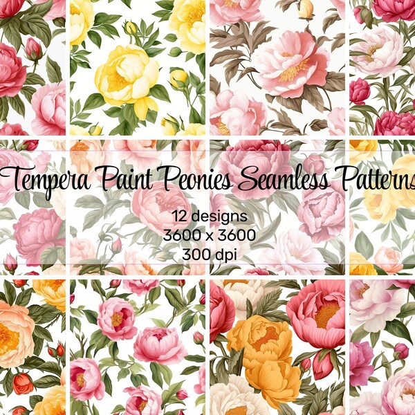 Tempera Paint Peonies Seamless Patterns - Vibrant Digital Paper Pack for Print & Design