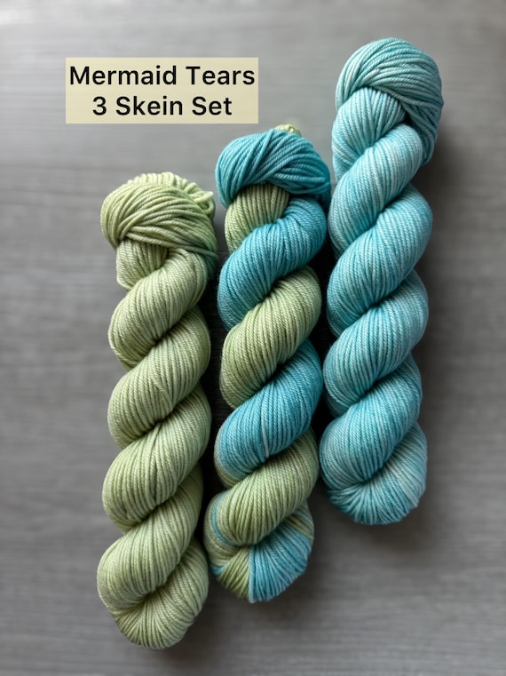 DK yarn set Sea Glass hand dyed yarn semi solid yarn super wash merino wool variegated yarn ready to ship yarn set 3 skeins blue and green