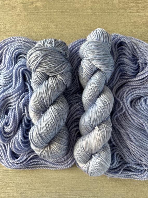 Lilac hand dyed yarn sock yarn fingering weight yarn super wash merino yarn soft periwinkle blue DK weight silk yarn worsted weight yarn