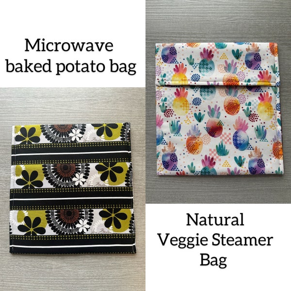 Microwave potato bag, veggie steamer bag, baked potato pouch, microwavable cooking bag, 100% cotton, reusable, MCM or Pineapple fabric