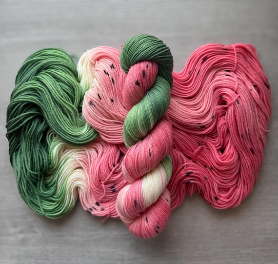 Sock yarn hand dyed variegated yarn fingering weight yarn super wash merino yarn watermelon theme self striping yarn for knitting crochet