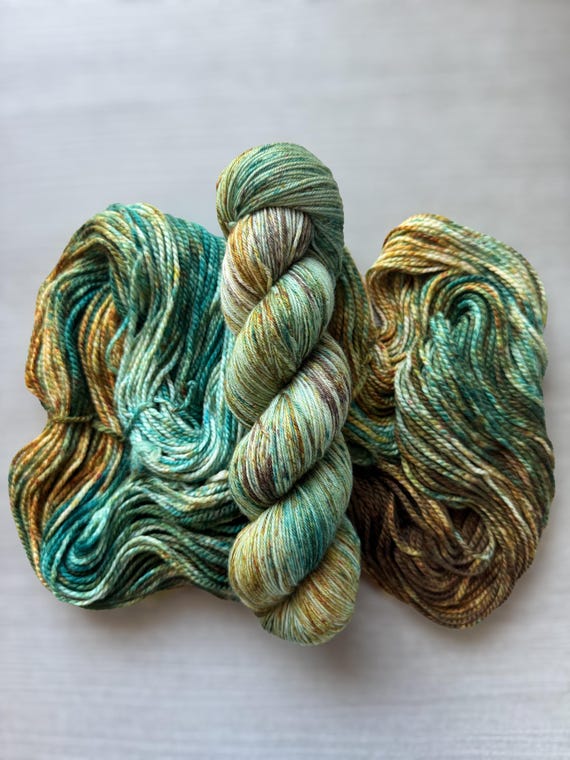 Hand Dyed Yarn Super Wash Merino Yarn Indie Dyed Yarn DK Worsted Weight Yarn Teal Gold Copper Brown Speckled Patina Yarn Knitting Crochet