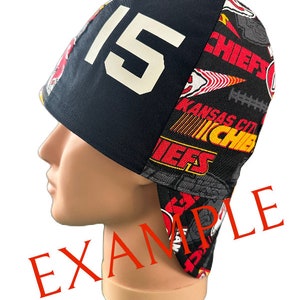 Personalized Welding Cap Beanie, Jersey Number, Kansas City Chiefs, NFL Fabric, side panels or on the beanie bill with jersey numbers.