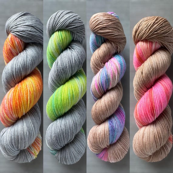 Variegated hand dyed sock yarn neon with classic beige or gray fingering weight yarn super wash merino wool yarn indie dyed cali vibes yarn