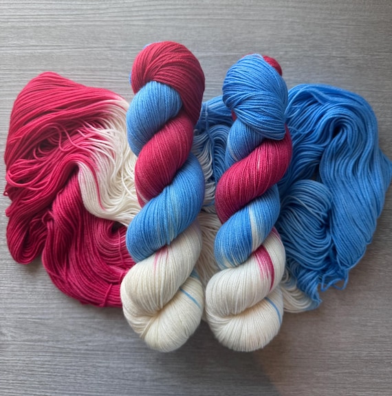 Hand dyed sock yarn glitched out pooling red white blue fingering weight yarn rocket popsicle super wash merino wool yarn indie dyed yarn
