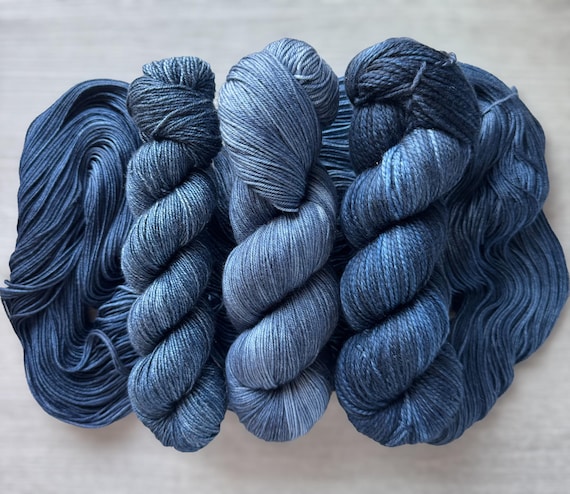 Tonal hand dyed yarn navy blue sock yarn fingering weight yarn super wash merino yarn DK weight silk yarn worsted weight yarn for knitting