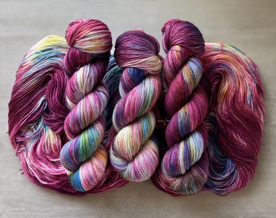 Variegated hand dyed sock yarn Carousel Horse magenta blue yellow green fingering weight yarn super wash merino wool yarn indie dyed yarn