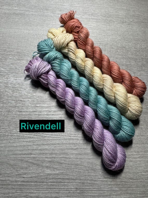Mini skein yarn set fingering weight yarn semi solid yarn set teal coral lavender cream super wash merino yarn sock yarn LOTR inspired