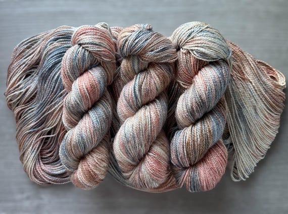Hand Dyed Yarn Silk and Merino Fingering Weight Yarn Shawl Yarn Hues Of Peach Blue and Sand Brown Indie Dyed Yarn