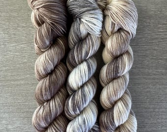 Variegated Taupe Gray Brown Mini Skein Yarn Set Superwash Merino Sock Fingering Weight Yarn