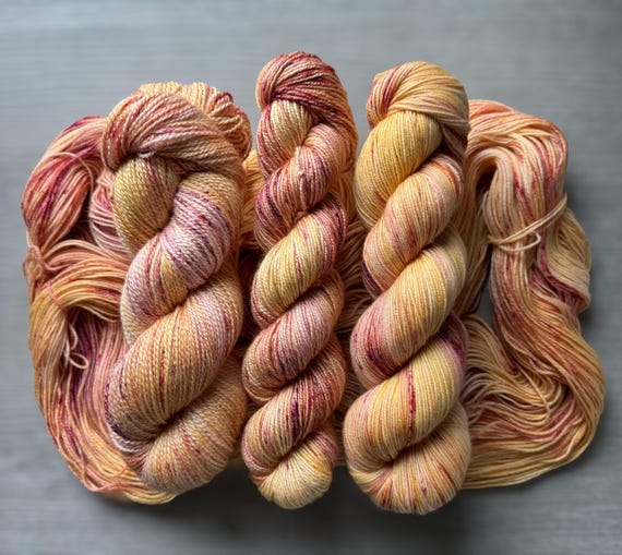 Variegated hand dyed sock yarn Just Peachy golden yellow fingering weight yarn super wash merino wool yarn indie dyed speckled yarn