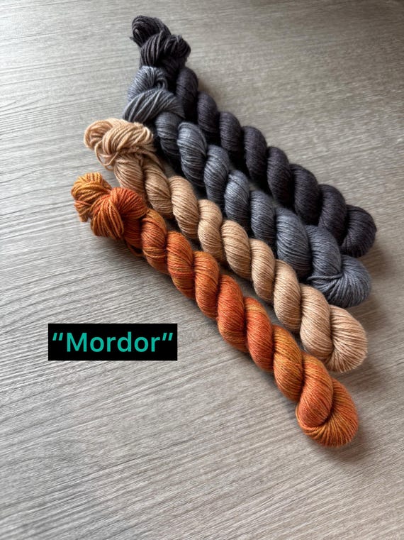 Mini skein sock yarn set fingering weight yarn set semi solid yarn set red gray black beige super wash merino yarn sock yarn LOTR inspired