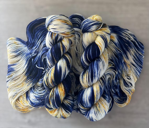 Variegated hand dyed sock yarn blue yellow fingering weight yarn blue jeans super wash merino wool yarn indie dyed yarn for knitting