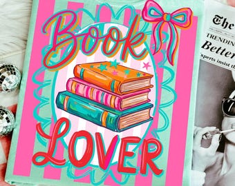 Colorful Coquette Book Lover PNG, Trendy Preppy Stripes PNG, Bookworm Shirt Design, Girly Reading Club PNG, Bookish Digital Print