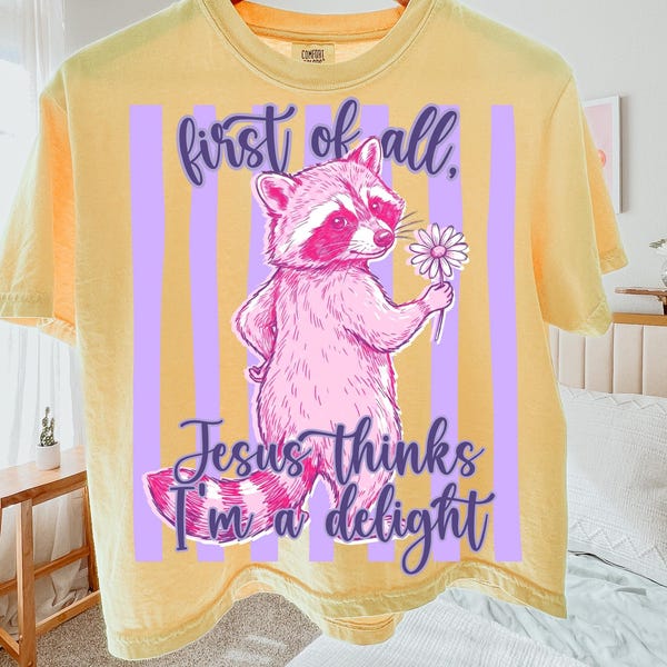 First of All Jesus Thinks I'm A Delight PNG, Christian Humor T-shirt PNG, Preppy Striped Summer, Funny Feral Raccoon Digital Design