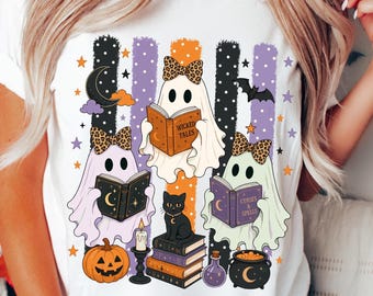 Spooky Ghosts Reading Books Halloween Shirt PNG, Spooky Season PNG, Cute Ghost PNG, Fall Sublimation (Digital Download)