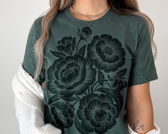 Vintage Linocut Flower Shirt Design, Peonies PNG, Vintage Floral PNG, Boho Flowers Sublimation File, Cottagecore svg, Trendy Coquette PNG