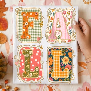 Patchwork-Herbst-PNG, Cottagecore-Steppstoff-Shirt-Design, Seersucker-Muster-PNG, Herbstblumen-PNG, Vichy-Karo-Herbst-Preppy-Sublimation