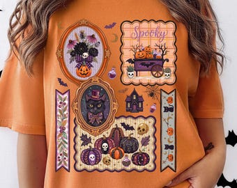 Spooky Stamps PNG, Cottagecore Halloween Shirt Design, Trendy Spooky Vibes Collage, Preppy Fall Sublimation, Trending Boutique Design