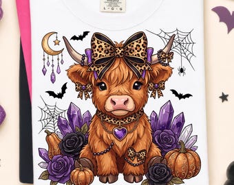 Gothic Highland Cow PNG, Coquette Bow Halloween Shirt Design, Fall Pumpkins PNG, Autumn Sublimation Clipart (Digital Download)