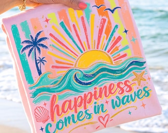 Happiness Comes in Waves Summer Beach PNG, Watercolor Beach Shirt Design, Coastal Summer Sublimation, Trendy Stripes PNG, Tropical Ocean PNG