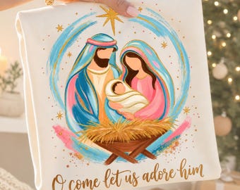 O Come Let Us Adore Him PNG, Christmas Shirt Design, Baby Jesus In The Manger PNG, Whimsical Christian Brushstroke PNG (Digital Download)