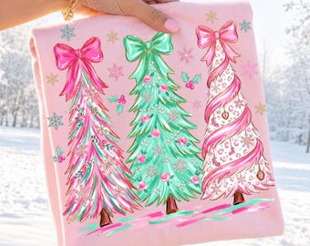 Whimsical Christmas Trees PNG, Coquette Bow Christmas Shirt Design, Preppy Pink Holiday Sublimation, Floral Brushstroke PNG, Merry & Bright