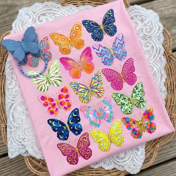 Boho Butterflies Brushstroke PNG, Preppy Butterfly PNG, Colorful Summer Shirt Design, Kids Spring T-shirt PNG (Digital Download)