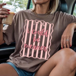 May include: A brown t-shirt with the text "I could be meaner" in pink script inside a pink and white striped design. The shirt is worn by a person.