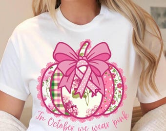 In October We Wear Pink PNG, Breast Cancer Awareness Shirt Design, Pink Pumpkin Ribbon Sublimation, October Pink Ribbon Clipart