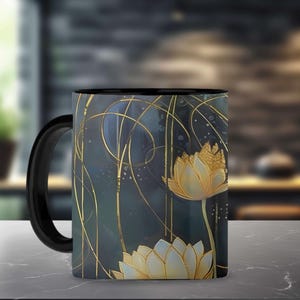 Dark Academia Floral Mug: Art Nouveau Black Ceramic Coffee Mug