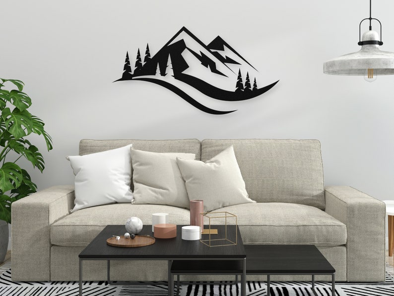 Metal Mountain Wall Art - 42 Inch Long, Laser Engraved Steel, Living Room Bedroom Decor