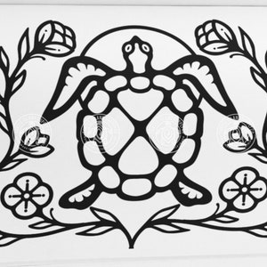 May include: Black and white line art illustration of a turtle with a floral design. The turtle is in the center of the image and is surrounded by flowers and leaves.