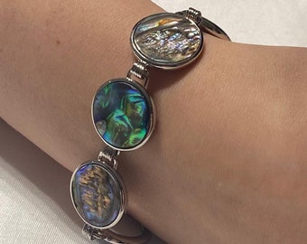 Iridescent Abalone Shell Cuff Bracelet: Sterling Silver Plated, Handmade