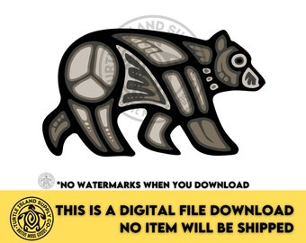 Pode incluir: Uma ilustração estilizada em preto e branco de um urso com padrões geométricos. O urso está caminhando para a direita. A imagem é um download digital e nenhum item físico será enviado.