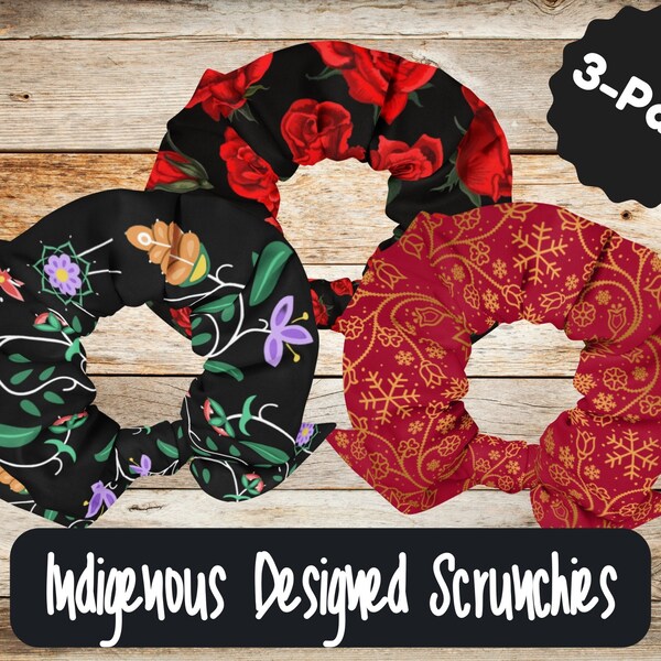 Indigenous Designed Scrunchies 3-pack | Large Recycled Polyester | Ojibwe Floral Art Scrunchies | Indigenous Owned Shop | Handmade