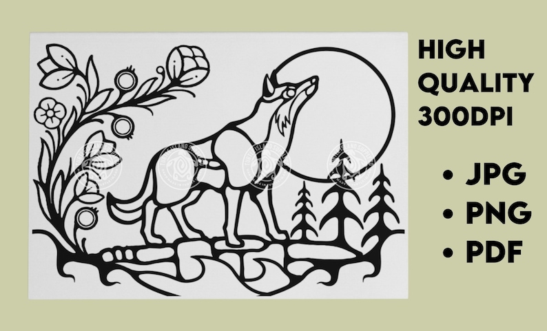 Pode incluir: Ilustra&ccedil;&atilde;o em preto e branco de um lobo a uivar para a lua com um desenho floral no canto. O lobo est&aacute; em p&eacute; sobre uma superf&iacute;cie rochosa com &aacute;rvores no fundo.